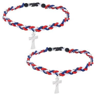 Imagem de UNICRAFTALE Colar com cruz de bolas de beisebol, 2 peças, colar de corda de beisebol de três tranças, colares esportivos de nylon, 45,7 a 49,8 cm, colares esportivos com pingente de cruz de metal