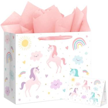Imagem de Reyoust Bolsa de presente de feliz aniversário de unicórnio mágico mágico grande de 33 cm com cartão e papel de seda, decorações de festa de aniversário de unicórnio arco-íris para meninas e crianças