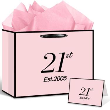 Imagem de Yoirrat Est. 2005 Bolsa de presente de aniversário de 21 anos para mulheres com papel de embrulho e cartão grande rosa preto 21st Gift Bag Happy Twenty One Bday Party Favors Supplies Gift for Daughter