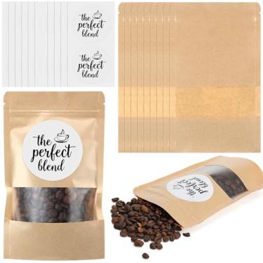 Imagem de Colarr 50 conjuntos de sacolas de lembrancinhas de festa de casamento e a mistura perfeita de adesivos Kraft Stand-up Love Is Brewing Coffee Bean Pouches com janelas transparentes para lembranças de