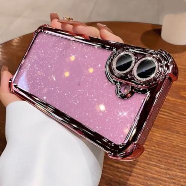 Imagem de Capa de silicone transparente com glitter de luxo para iPhone 13 12 11 14 15 16 17 Pro Max Air 16 Plus com revestimento em TPU à prova de choque e airbag (para iPhone 12 Pro Max/Rosa)
