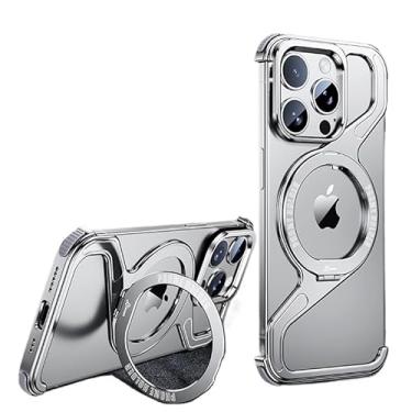 Imagem de SNIDII Capa de telefone de metal magnético Snap-on para iPhone 16 Pro Geometry Stand Holder Phone Cover para IPHON 16PM (Silver)