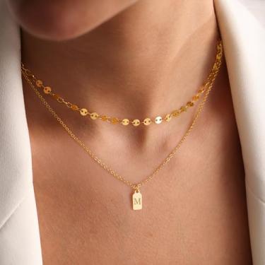 Imagem de Colares femininos banhados a ouro 14K delicados com inicial em camadas com pingente de letra A a Z, corrente ajustável, presente de aniversário personalizado para ela, joias modernas, presentes, 14/16