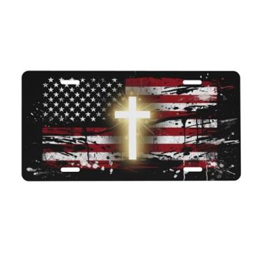 Imagem de Bandeira Americana Jesus Cruz Brilhante Grunge Placa de Licença Frontal Placas de Alumínio Decorativas Placa de Carro de Metal 15,4 cm x 30,5 cm Capa de Vaidade Novidade com 4 Furos Acessório de