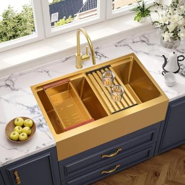Imagem de MILOSEN Pia de cozinha de fazenda dourada de 71 cm, avental de estação de trabalho de aço inoxidável de 71 cm x 56 cm, pia frontal com borda e acessórios, pias de fazenda de tigela dupla 50/50, pias