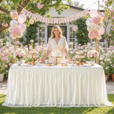 Imagem de Toalhas de mesa marfim para mesas retangulares de 1,8 m de altura, toalha de mesa retangular, toalha de mesa retangular de tule com elastano elástico de 1,8 m, para casamento, chá de bebê, festa de