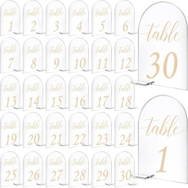 Imagem de Ragyzity Conjunto de 30 números de mesa de acrílico dourado de 10 x 15 cm, 1 a 30 placas impressas em ouro, com suporte, caligrafia, transparente, número de mesa, suporte de exibição para decoração de