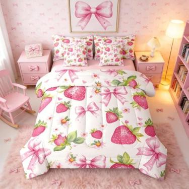 Imagem de Erosebridal Jogo de cama casal com laço rosa fofo, 7 peças, cama de morango em uma bolsa, edredom com laço e lençóis, conjunto de cama com gravata borboleta