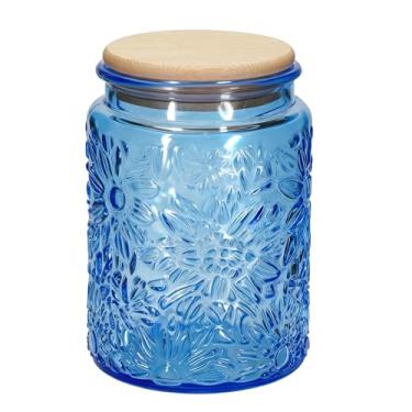 Imagem de 1 pote de vidro vintage estilo crisântemo com tampa hermética de bambu, recipiente de armazenamento de cozinha para açúcar, café, biscoitos, sal de banho - Pote decorativo para despensa e balcão (1