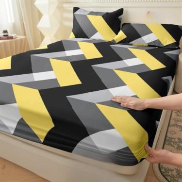 Imagem de Jogo de Lençol Listras Preto e Branco 3 Peças Percal Estampado Solteiro/Casal/Queen(Quadrados,Queen 03 Peças)