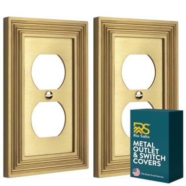 Imagem de Rio Salto Estate Collection Capa de tomada de latão escovado – Placa de cobertura de interruptor de luz duplex de 1 gang, placas decorativas douradas, capas de tomada de metal de tamanho médio 12,7 x