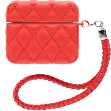 Imagem de Capa MC Fashion para AirPods 4, capa protetora acolchoada de couro PU com cordão trançado padrão de diamante fino compatível com AirPods 4th (2024) (vermelho)
