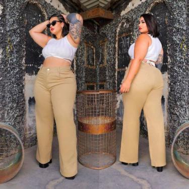 Imagem de Calça Jeans Feminina Bege Wideleg Plus Size Tecido Premium Cintura Alta