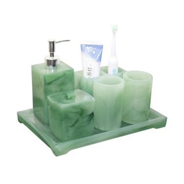 Imagem de KEG801302 Dispensadores de sabão, garrafa, acessórios de banheiro, decoração exclusiva de banheira de jadeíte artificial, 6 peças de resina para banheiro, conjuntos de acessórios para cozinha