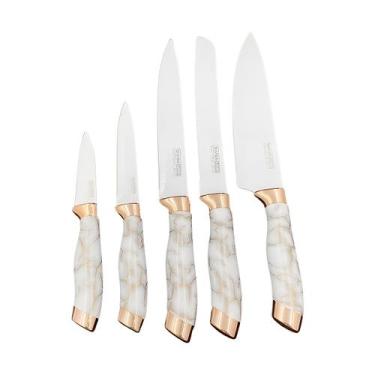 Imagem de Conjunto 5 Facas Estilo Mármore Suporte Cozinha Utensílios Cor:Branco 