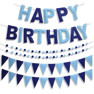 Imagem de Faixa grande de feltro de feliz aniversário de 16 cm - Guirlanda de aniversário de tecido azul pré-amarrada, placa reutilizável de feliz aniversário para meninos e homens decorações de festa (azul)
