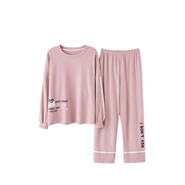 Imagem de HHHJQFAAT Conjunto de pijama de inverno para mulheres pijama terno roupa de casa pijama tops + calças (rosa grande)