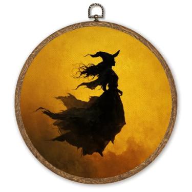 Imagem de WMSYUO Arte de parede redonda Ghost Café, 25 x 25 cm, Dark Academia Cottagecore Halloween, livraria aconchegante e arte de café para decoração de casa ou sala de leitura no outono (bruxa laranja)