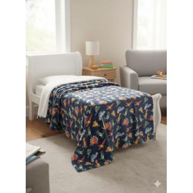 Imagem de Cobertor macio infantil de dinossauro, 127 x 178 cm, lã de pelúcia grande – estampa pré-histórica de ação de dinossauro para meninos e meninas – cobertores de microfibra azul marinho para cama ou sofá