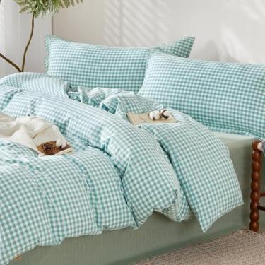 Imagem de SAPHREAS Conjunto de capa de edredom guingão, tamanho Queen, 100% algodão lavado, linho, xadrez, com fecho de zíper e laços nos cantos (sem edredom), 90 x 90 azul-petróleo