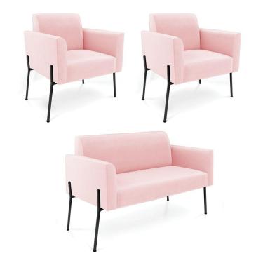 Imagem de Sofá Namoradeira E 2 Poltronas Pé De Ferro Preto Marisa Suede Rosa Bebê D03 - D'rossi