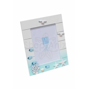 Imagem de Porta Retrato em Madeira Foto 15x20 Maritimo Estrelas Peixes Cor:Azul 