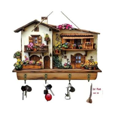 Imagem de Gancho De Parede Floral De Madeira Com 4 Ganchos De Metal, Acessórios 