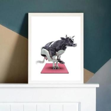 Imagem de Quadro Decorativo Vaca Fendo Yoga 45X34Cm - Madeira Branca - Quadros O