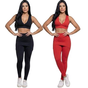 Imagem de KIT 2 Conjunto Top Bojo e Calça Saia Vekyo Tapa Bumbum Roupa Para Academia Moda Fitness Musculação-Feminino
