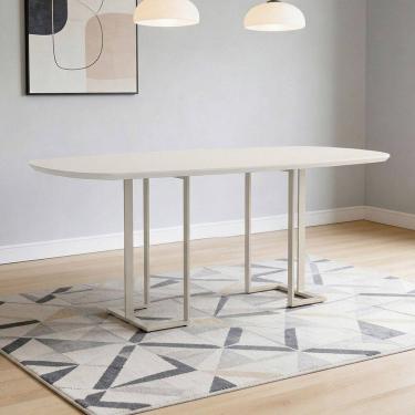 Imagem de Mesa de Jantar 6 Lugares Retangular Orgânico Com Vidro 180cm Pés Industrial Alina N01 Off White Champanhe - Lyam Decor