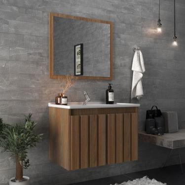 Imagem de Armário de Banheiro Barra 60 Cm 2 Portas com Espelho 100% Mdf Ripado Noce - Belizze Móveis