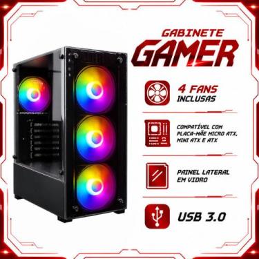 Imagem de Gabinete Gamer com Vidro Lateral 4 Fans USB 3.0 ATX Micro ATX Mini ATX