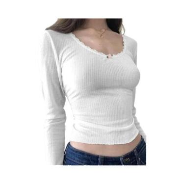 Imagem de Blusa Cropped Feminina Branca Y2K Com Renda Floral, Ajuste Slim, Malha