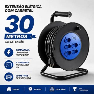 Imagem de Extensão elétrica com carretel 30 metros 5 tomadas 10 amperes oficina 