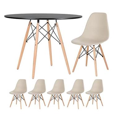 Imagem de Loft7, Kit - Mesa redonda Eames 100 cm preto + 5 cadeiras Eiffel Dsw Nude