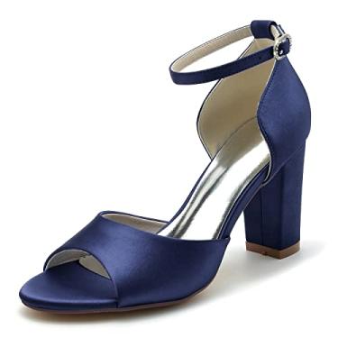 Imagem de Sapatos de noiva femininos de salto alto grossos sapatos de marfim sapatos de cetim sapatos sociais sapatos de salto alto 36-43,Dark blue,6 UK/39 EU
