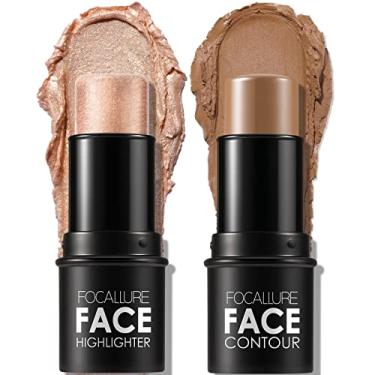 Imagem de FOCALLURE 2 peças de bastão de contorno de creme mineral, iluminador hidratante e caneta bronzeadora, lápis antiaderente, iluminador facial de longa duração e suave, médio