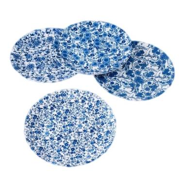 Imagem de Prato de piquenique/jantar com estampa floral azul e branco, melamina de 23 cm, conjunto de 4
