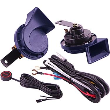 Imagem de AOLIHAN Motohorn elétrico azul, buzina de trem de 12 V para carro 130dB, buzina super alta para caminhão, buzinas de caracol de tom duplo 510hz/410hz, buzinas de carro à prova d'água com botão de relé
