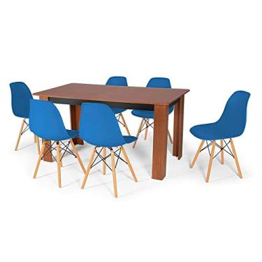 Imagem de Conjunto Mesa de Jantar Retangular Pérola Cherry 150x80cm com 6 Cadeiras Eames Eiffel - Azul