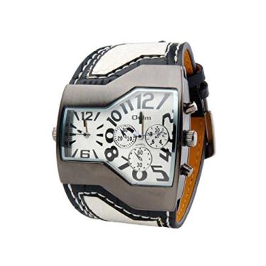 Imagem de Relógio masculino com mostrador grande e mostrador duplo de quartzo, branco e branco com mostrador exclusivo, pulseira de couro branco OM-168 da ShoppeWatch