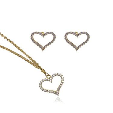 Imagem de RIKINTE Kit Conjunto Brinco e Corrente Colar Feminino com Pingente Coração em Zircônia e Folheado em Ouro 18k