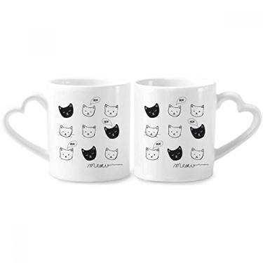Imagem de Conjunto de canecas de porcelana para casais de animais com cabeça de gato branca e preta