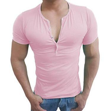 Imagem de Camisa Henley Viscose Camiseta Slim Botão Manga Curta Sjons (Rosa, G)