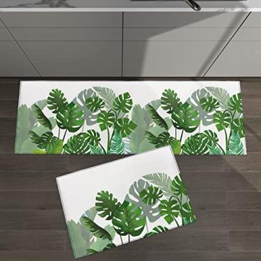 Imagem de Conjunto de 2 tapetes de cozinha Folhas de Monstera Aquarela Plantas Tropicais Verde para Tapetes Acolchoados no Chão e Tapetes Antiderrapantes Absorventes Passadeira Confortável Tapete Permanente