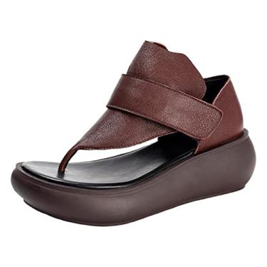 Imagem de Sandálias femininas sólidas com cadarço plataforma moda respirável bico aberto sandálias anabela estilo boêmio sandálias de praia com palmilha macia (a-marrom, 35)