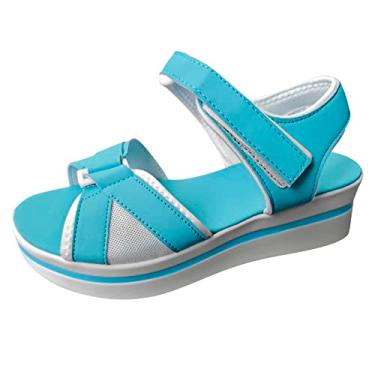 Imagem de Sandálias de anabela com bloqueio de cor para mulheres femininas moda verão bico aberto salto anabela grosso sandálias com fivela (azul claro, 8,5)