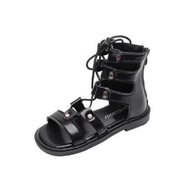 Imagem de Sandália para meninas tamanho 9 sandálias infantis design com zíper casual alças ajustáveis corda leve verão menina, Preto, 19 BR