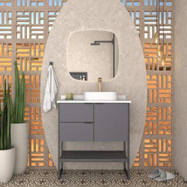 Imagem de Gabinete De Banheiro Cinza Em Madeira Com Tampo Em Porcelanato Sem Cub