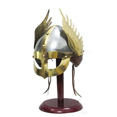 Imagem de Capacete Viking de máscara medieval réplica armadura capacete de guerreiro com suporte de madeira e forro